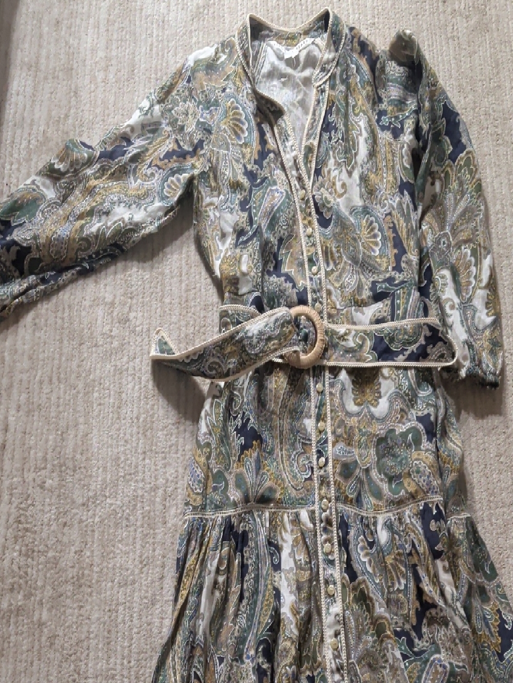 Veronica Beard Long-Sleeve Paisley Maxi Dress in Navy, Green, Cream